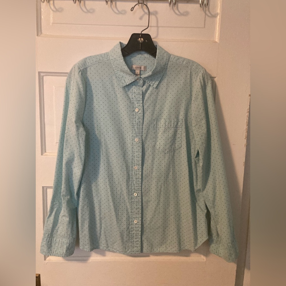 J. Crew Light Blue Long-Sleeve Button-Up Shirt with Micro Dots. Size 8.